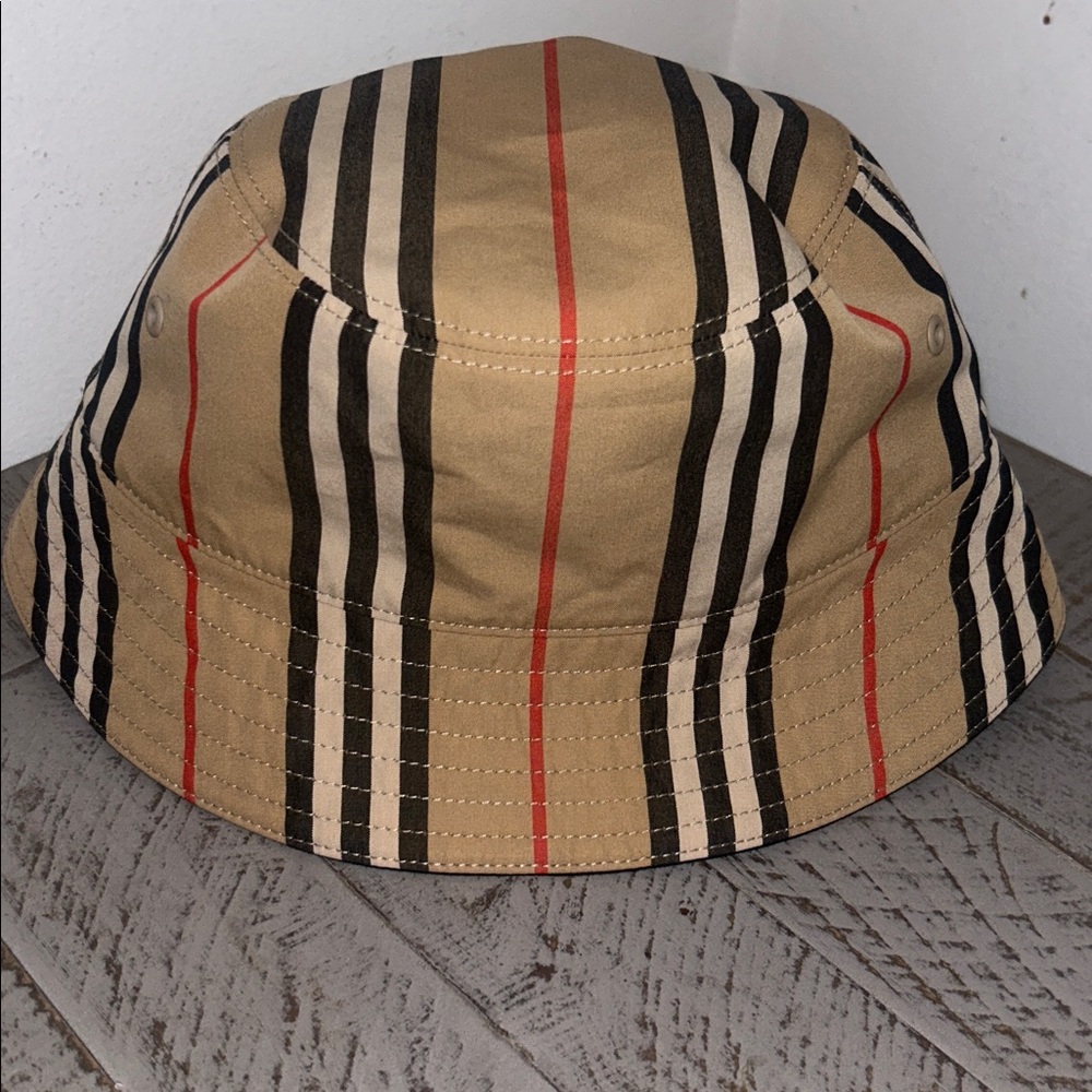 Beige Stripe Bucket Hat with Black & Red Accents
